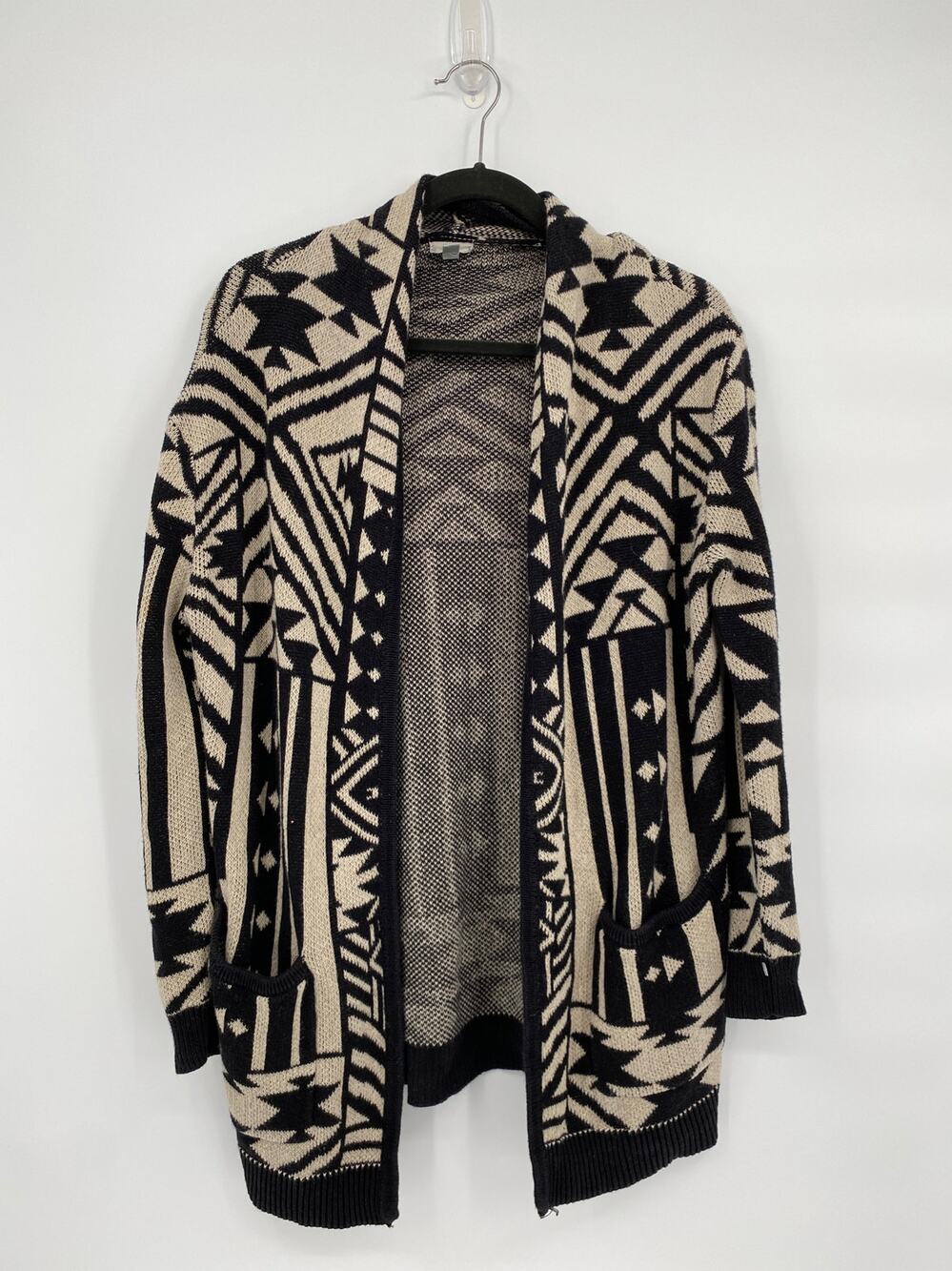 Ecote Printed Open Front Long Sleeve Cardigan Black Beige Size Small